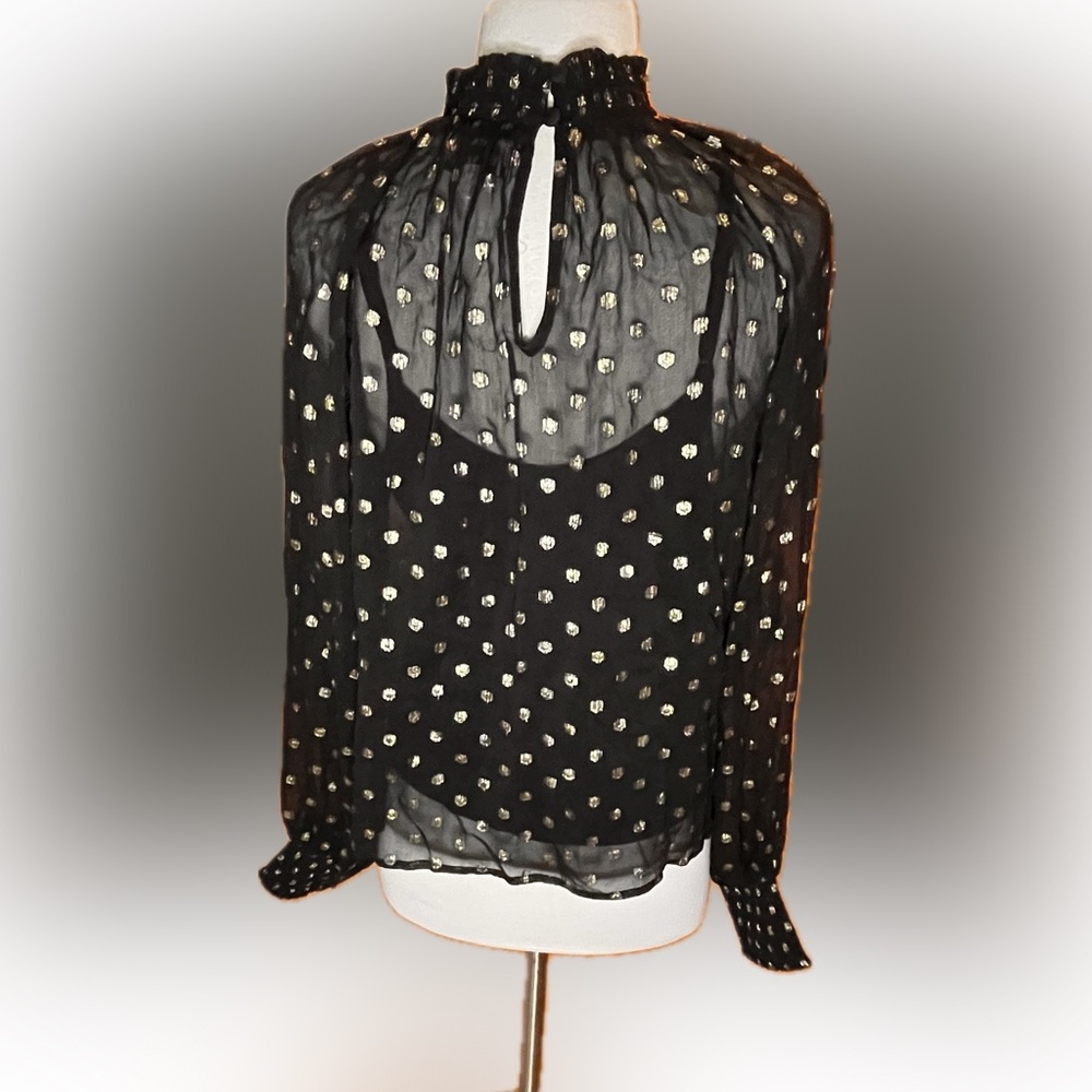 Evereve Sheer Black With Gold Dots Long Sleeve Mockneck Blouse with Cami Size M - Picture 4 of 11